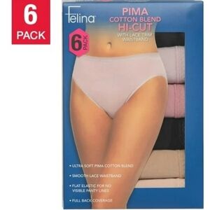 NWT Felina Women's Hi-Cut‎ with Lace Trim, 6-pack